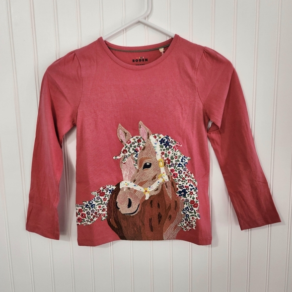 Mini Boden | NWT Long Sleeve Superstitch Horse T-Shirt Pink Size 7-8 Years - Picture 3 of 7